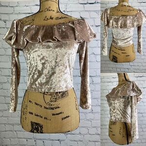 Acemi Rose Champagne Crush Velvet Ruffled Off Shoulder Crop Top